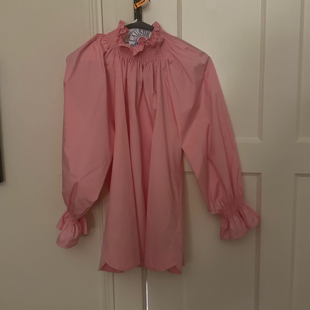 MONICA NERA Pink Smocked Ruffle Neck Balloon-Sleeve Blouse